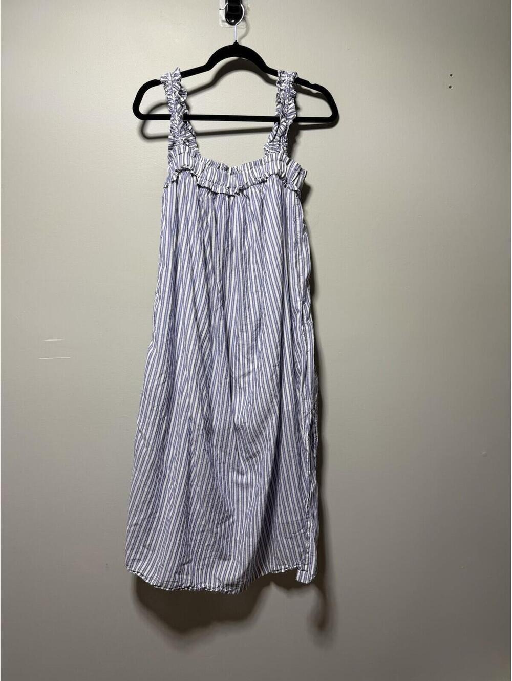 J.Crew 100% Cotton Voile Ruffle-Trim Shift Dress Stripe Blue White Midi Coastal